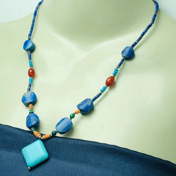 Lapis and Turquoise Beaded Necklace, Handmade Vintage Beaded Necklace - Picture 4 of 12